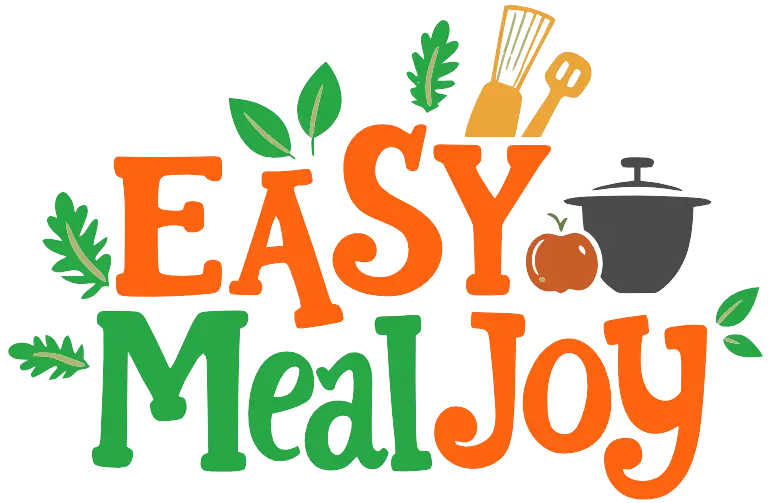 Easy Meal Joy logo featuring orange and green text with cooking utensils, leaves, and a cooking pot